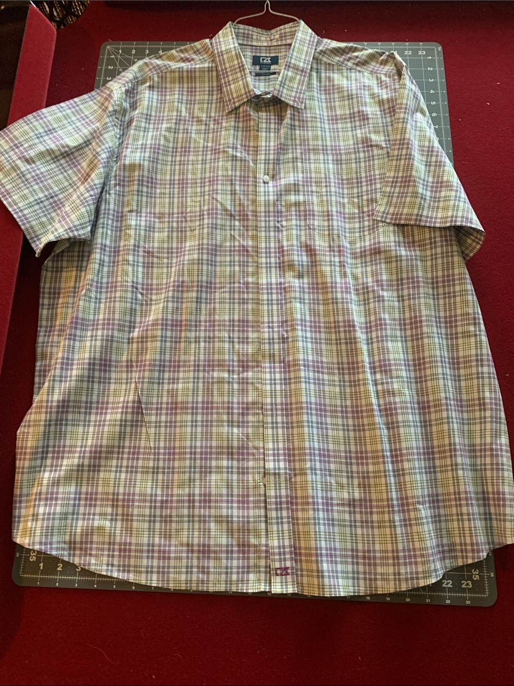 Cutter & Buck Short-Sleeve Plaid Shirt in Green, Purple, Cream